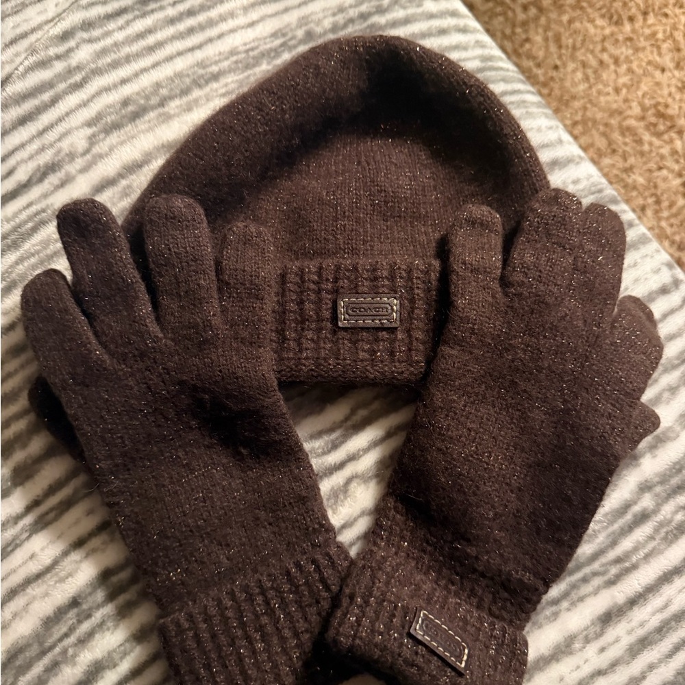 Coach woman’s Brown Knit Beanie and Gloves Set